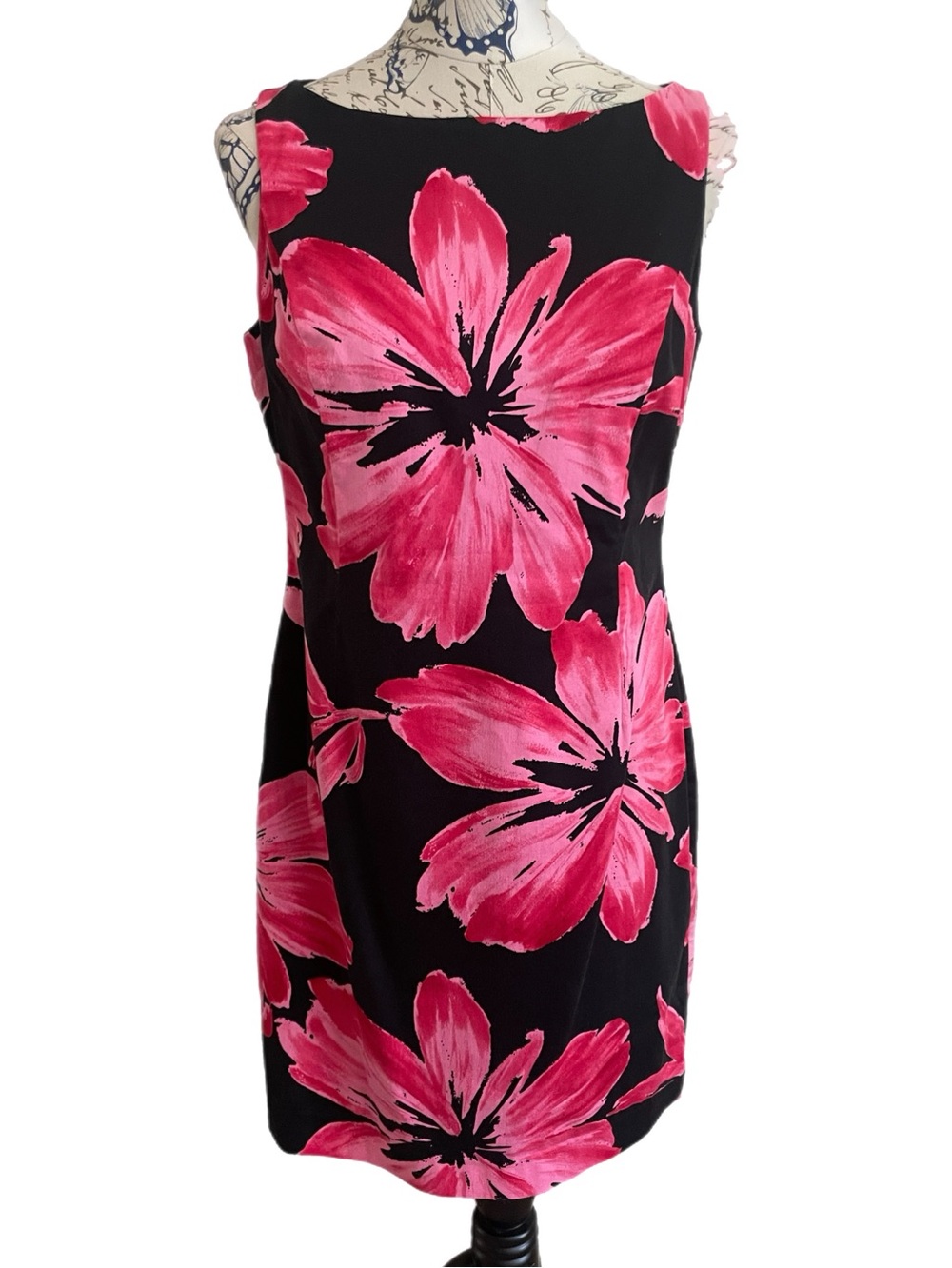 Jones New York Black Shift Dress with Bright Pink Floral Print